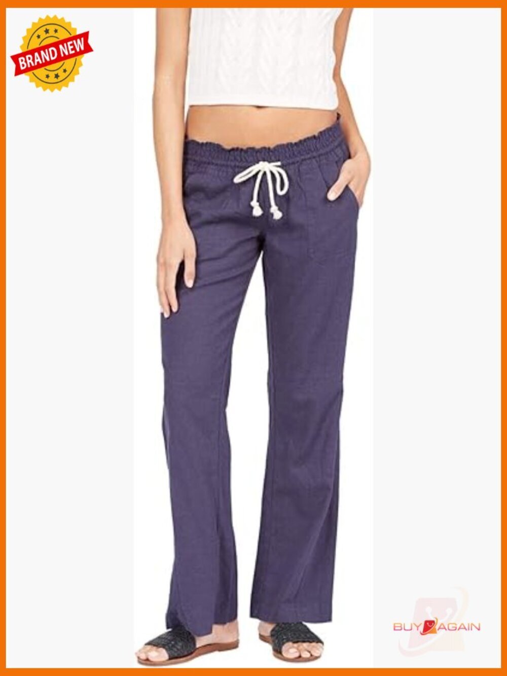 Linen Blend Pull-On Wide Leg Pants with Pockets Casual Summer Beach Cover Up